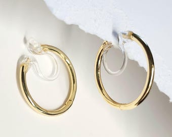 Non Pierced Thin Hoop Clip-On Earrings, 14K Gold Color, Hypoallergenic Invisible Design, Comfortable Pain-Free Earrings