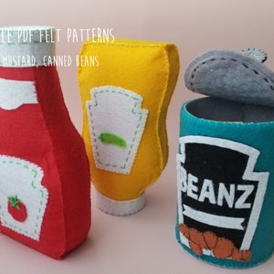 Felt Ketchup pattern download, digital downloadable food pattern, Food toy felt pattern, mustard, ketchup, can food felt making patterns