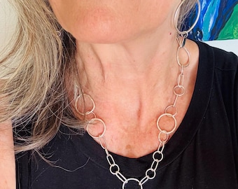 Handmade Sterling Silver Circle Chain Necklace, Artisan Jewelry, 18 Inch