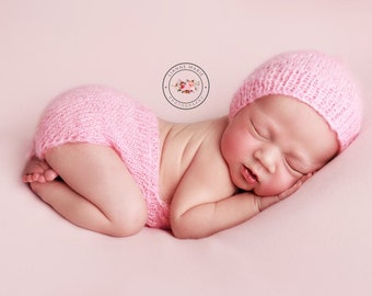 Pink Knit Newborn Romper with Bonnet / Newborn Girl Romper Set RTS