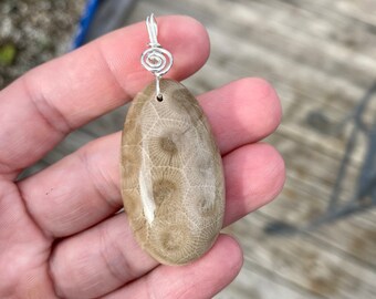 Sterling Silver Wire Wrapped Petoskey Stone Pendant!!