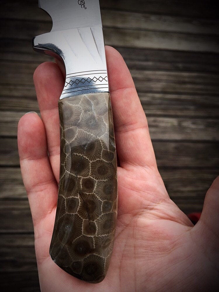 Damascus Steel Petoskey Stone Knife - Sturgeon River Pottery