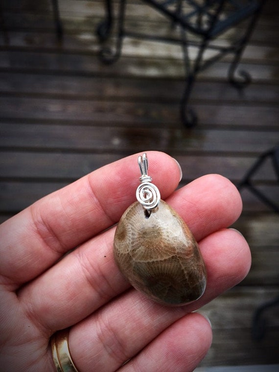 Sterling Silver Wire Wrapped Petoskey Stone Pendant!!