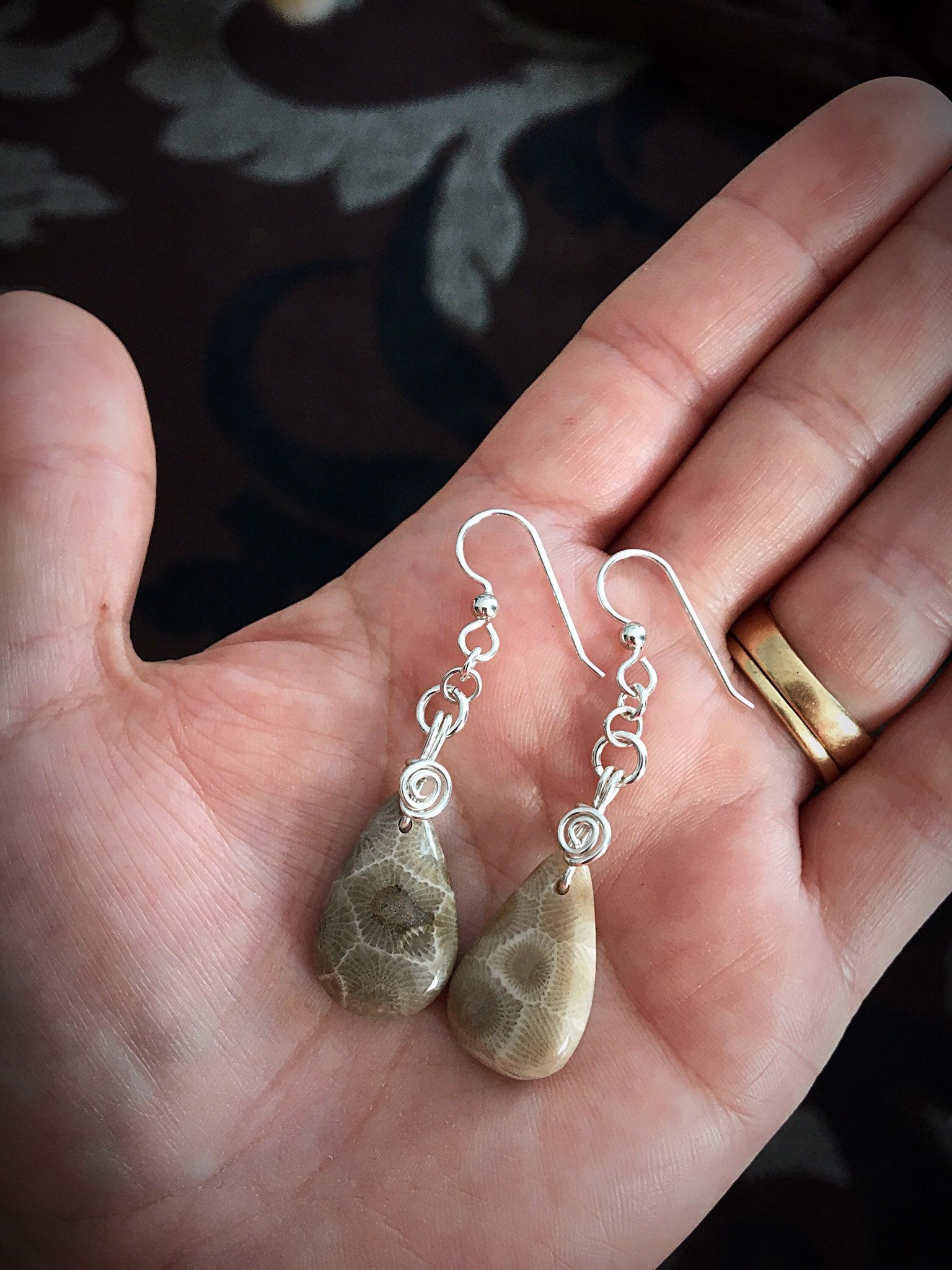 PRE ORDER Sterling Silver Wire Wrapped Petoskey Stone Earrings
