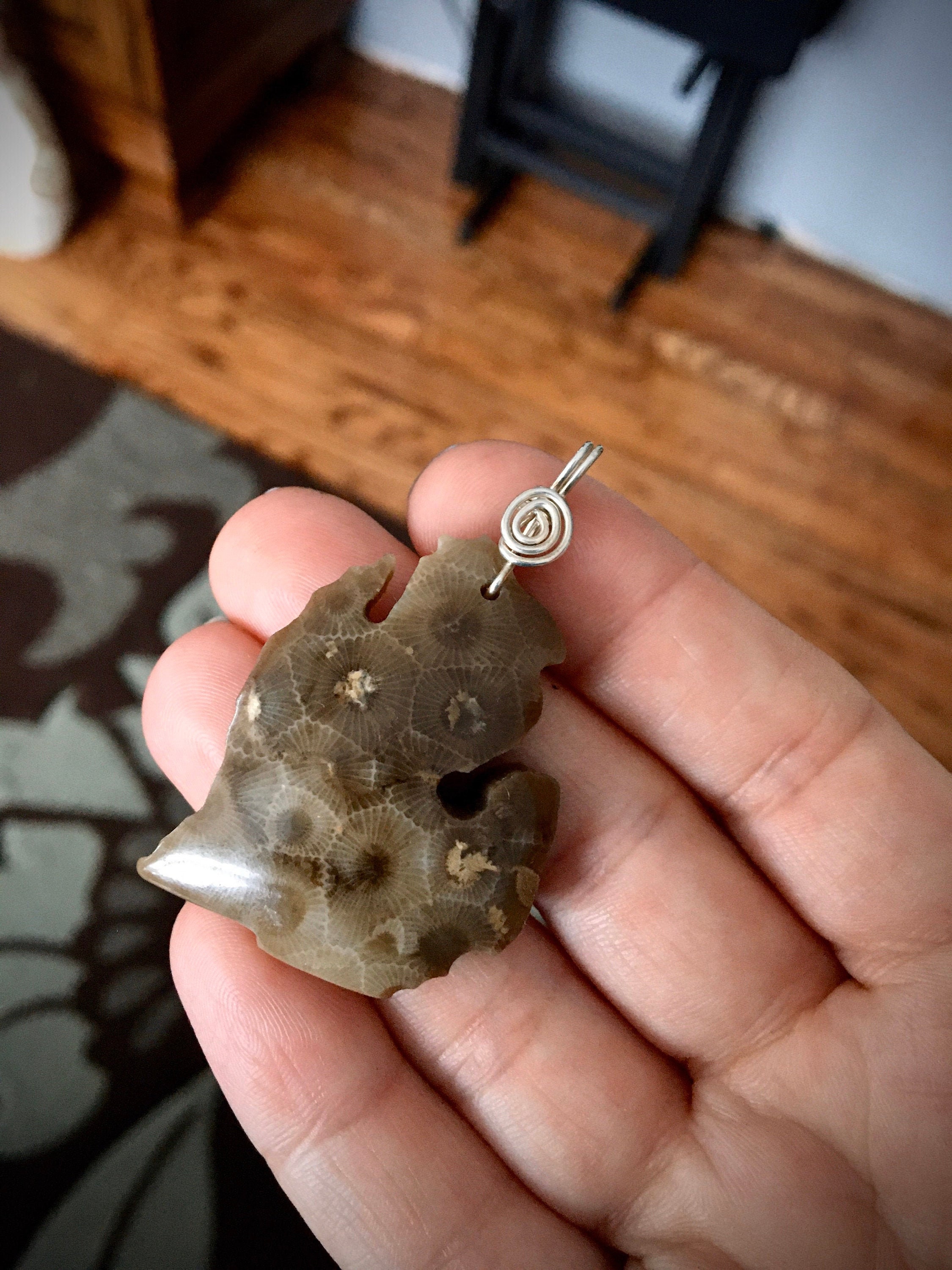 Sterling Silver Wire Wrapped Petoskey Stone Michigan Shaped Pendant!!