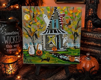 Haunted Mansion 4x4 Original Mini Masterpiece Acrylic Painting  on wooden cradle and comes with mini easel. Free Ship
