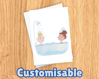 lesbian valentines card, birthday card, anniversary card (queer greetings card LGBT romantic cute and handmade!) bath together