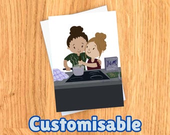 lesbian valentines card, birthday card, anniversary card, (queer greetings card LGBT romantic cute and handmade!) cooking