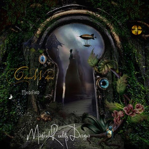 May include: A digital art piece featuring a keyhole archway leading to a fantasy landscape with a figure, airship, and a cloudy sky. The image includes decorative elements like leaves, flowers, and text that reads "Enchanted Whispers" and "Magical Reality Designs".
