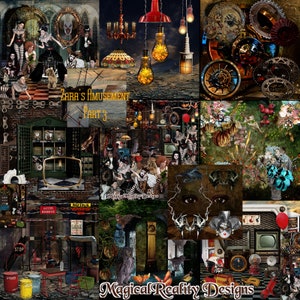 Zara&#39;s Amusement Part 3 Digital Scrapbook MEGA Kit ~ Carnival-Circus-Grunge-Magical-Fantasy-Photoshop Overlays-Steampunk Halloween
