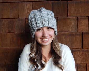 Knit Slouchy Hat, Wool Hat, Women's Winter Hat in Gray Marble ~ The Toasted Snowflake