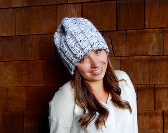 Slouchy Hat, Grey Hat, Winter Hat in White Marble ~ The Toasted Snowflake