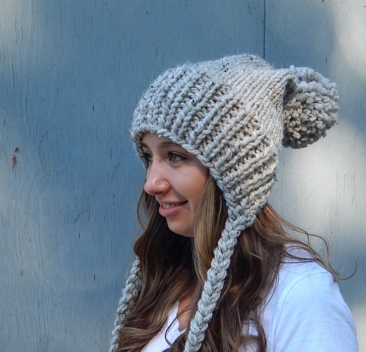 Chunky Knit Hat Grey Marble Chunky Hat With Ties Etsy