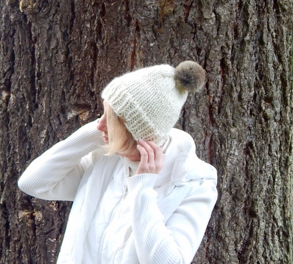 Knit Slouchy Alpaca Hat With Fur Pom Pom in Cream - Etsy display picture 1