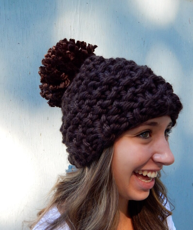 Chunky Knit Pom Pom Hat, Knit Hat, Women's Winter Hat in Dark Brown The Blitzen image 4