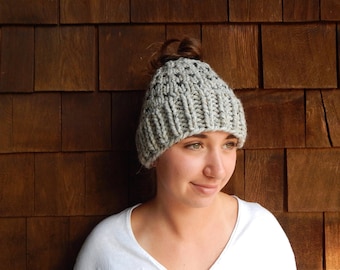 Messy Bun Beanie,  Messy Bun Hat, Ponytail Hat, Bun Beanie, Bun Hat Beanie, Running Hat in Gray with Charcoal Dots