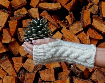 Guantes sin dedos de alpaca, calentadores de manos, calentadores de brazos de punto, calentadores de muñeca, guantes de mensajes de texto ~ crema