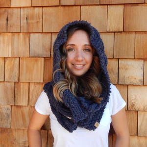 Hooded Cowl with Buttons, Hooded Scarf, Knitted Snood, Oversized Cowl Neck Warmer in Faded Denim