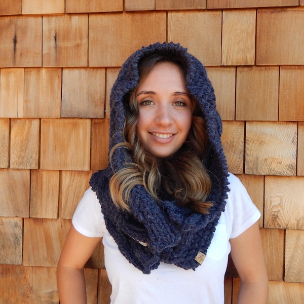 Hooded Cowl with Buttons, Hooded Scarf, Knitted Snood, Oversized Cowl Neck Warmer in Faded Denim