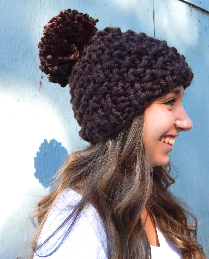 Chunky Knit Pom Pom Hat, Knit Hat, Women's Winter Hat in Dark Brown The Blitzen image 1