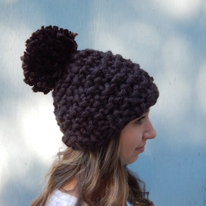 Chunky Knit Pom Pom Hat, Knit Hat, Women's Winter Hat in Dark Brown The Blitzen image 2