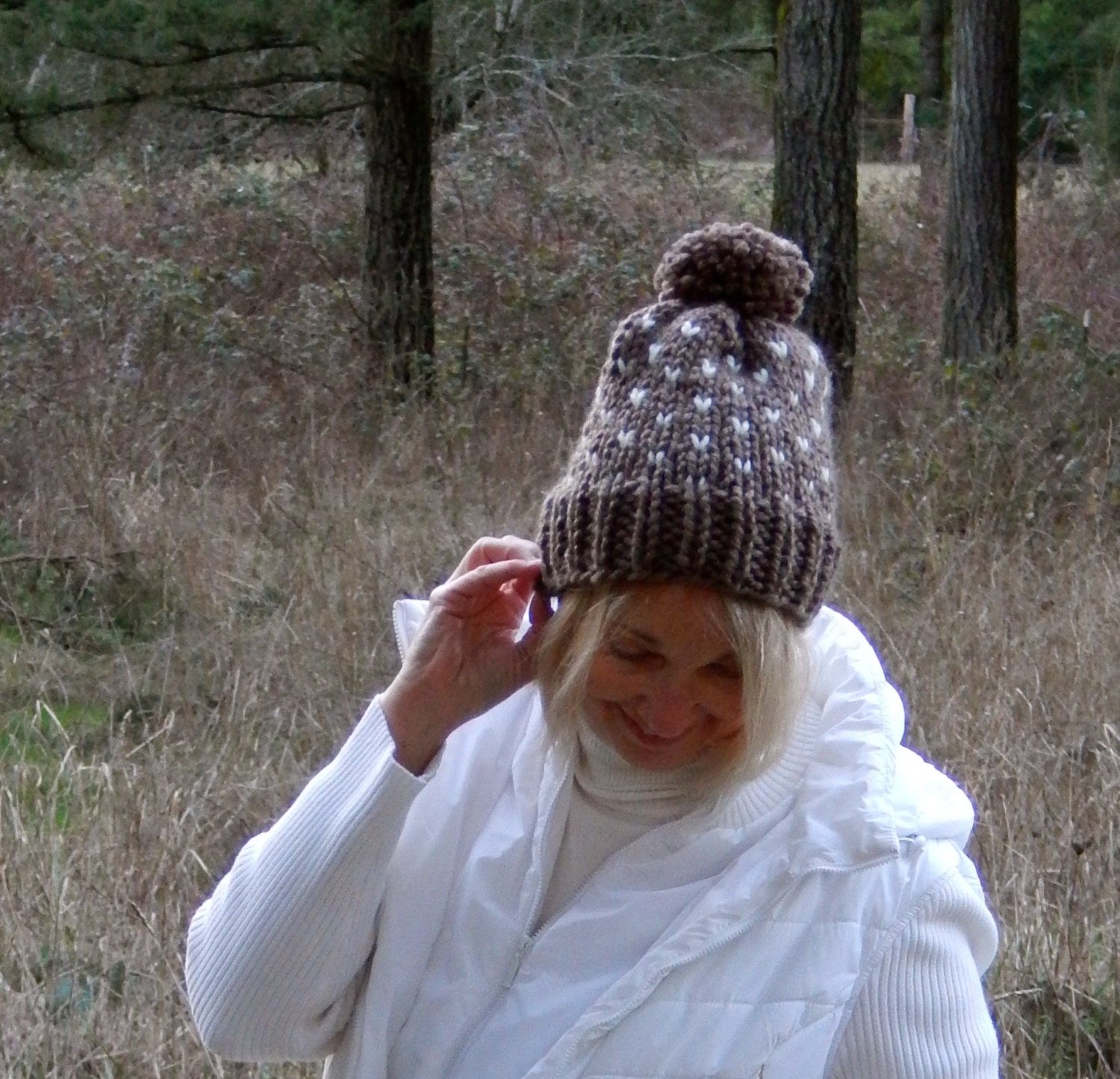 Fair Isle Knit Slouchy Pom Pom Hat in Taupe and Cream - Etsy display picture 2