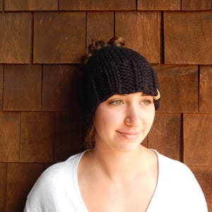 Ponytail Headband, Messy Bun Hat, Knit Pony Tail hat in Black