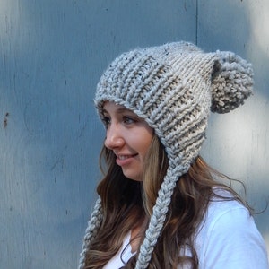 Knit Hat, Knit Pom Pom Hat with Ties, Slouchy Winter Hat in Grey Marble