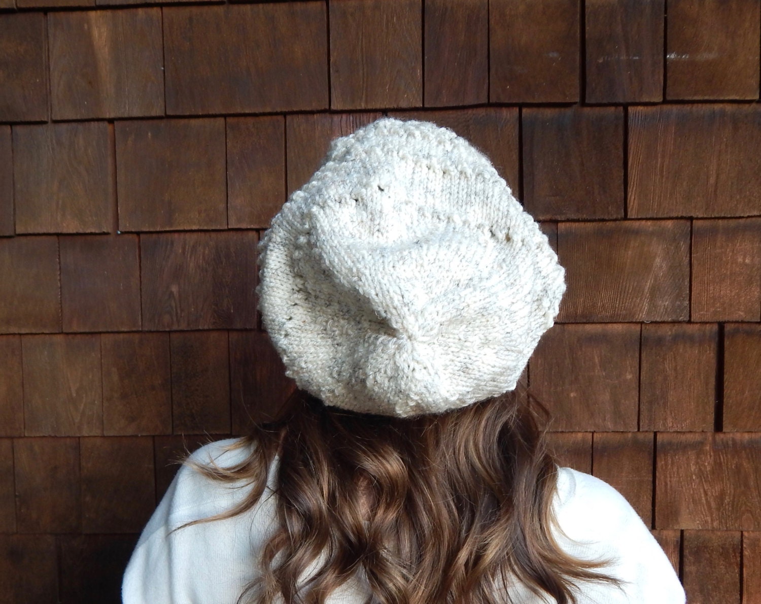 ???traded???Cream knit slouch beanie Handloomed Pure New Wool Beanie - Unisex, Cream With Fleck  main image 3