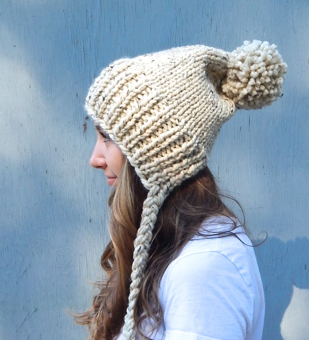 Knit Hat With Ties, Knit Hat Slouchy Winter Hat in Oatmeal Etsy