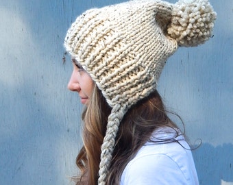 Knit Hat with Ties, Knit Hat Slouchy Winter Hat in Oatmeal