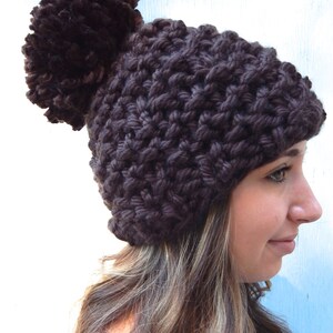 Chunky Knit Pom Pom Hat, Knit Hat, Women's Winter Hat in Dark Brown The Blitzen image 3