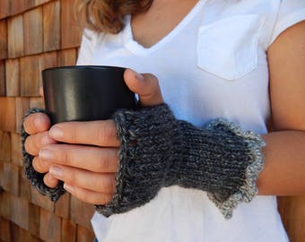 Fingerless gloves for Women, Wrist Warmers, Hand Warmers ~ Dark Gray with Tan Ruffled Wrist