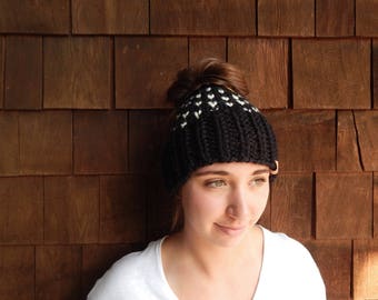 Ponytail Headband, Messy Bun Hat, Knit Pony Tail hat in Black/Cream Fair Isle