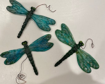 6" glass Dragonfly suncatcher ornament, bug garden stake,blue Iridescent color, Unique Display,Decorative, Garden Decor,  Wedding Present