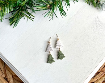 Handmade Christmas Tree Dangle Earrings: Textured Clay Winter Jewelry