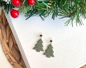Handmade Christmas Tree Dangle Earrings: Textured Clay Winter Jewelry