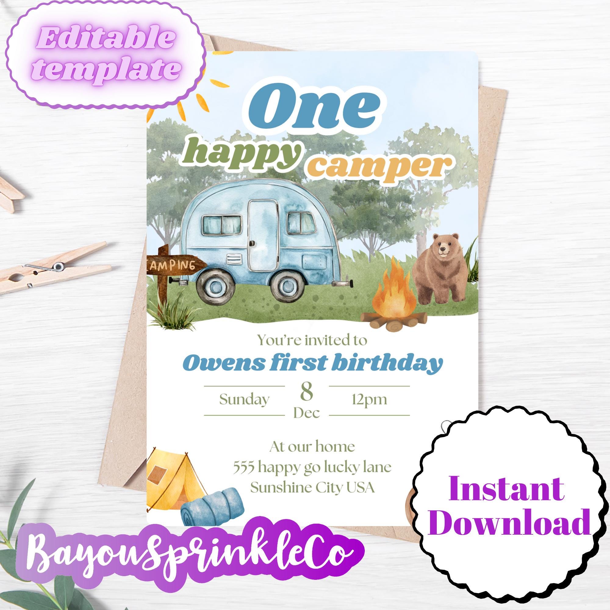 One happy camper boys first birthday Invitation Template