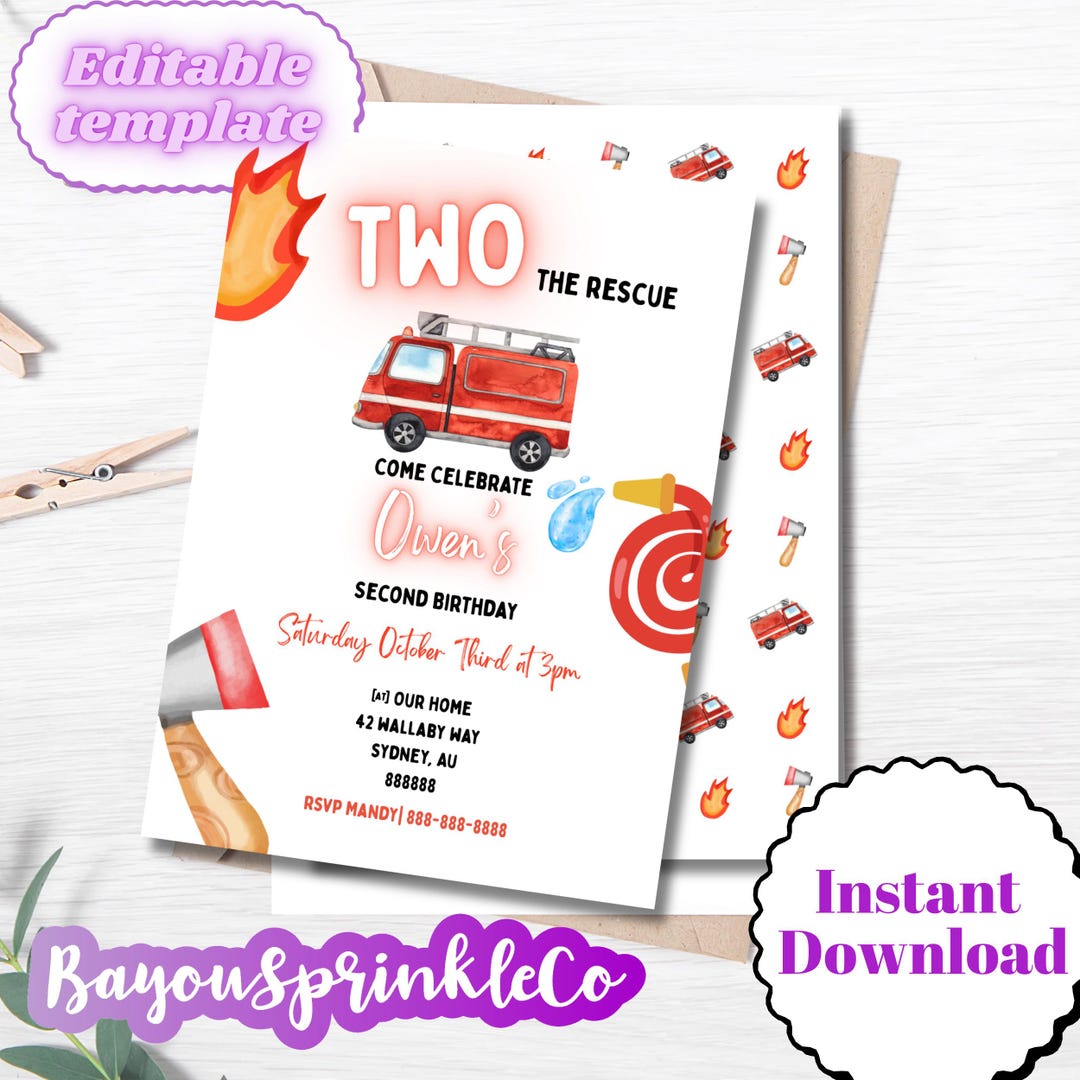Fire Rescue Invitations Two the Rescue Second Birthday Fire Truck Invitation Template - Etsy