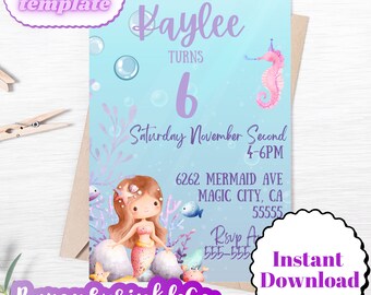 Light skinned mermaid digital birthday Invitation Template