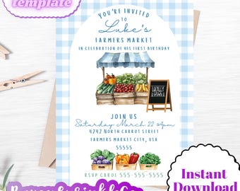 May include: A blue and white gingham background with a white circle containing a watercolor illustration of a farmer's market stand with a sign that says "Locally Grown". The text "You're Invited to Luke's Farmers Market in celebration of his first birthday" is above the illustration. The text "Join Us Saturday March 22 @ 4pm 4242 North Carrot Street Farmers Market City, USA 55555 RSVP Carol 555-555-5555" is below the illustration. The text "Instant Download BayouSprinkleCo" is at the bottom of the image.