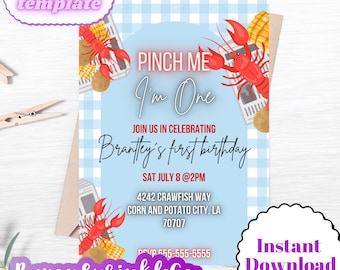 Pinch me im one crawfish digital birthday Invitation Template blue