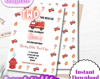 Two the rescue fire truck invitation template