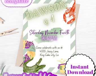 May include: A green, white, and purple invitation for a birthday party. The invitation says "Dawson is 4" and "Saturday November Fourth @4PM". It also includes a green alligator, a yellow and orange king cake, and a red crawfish. The text "Bayou Sprinkle Co" is at the bottom of the invitation.
