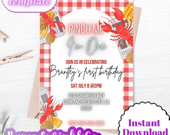 May include: Red and white checkered background with a crawfish illustration. Text reads "Pinch Me I'm One", "Join us in celebrating Brantley's first birthday", "Sat July 8 @ 2PM", "4242 Crawfish Way", "Corn and Potato City, LA 70707", "RSVP 555-555-5555", and "Bayou Sprinkle Co".