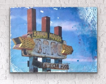 Route 66 - Ranch House Cafe Encaustic Painting | American Photography | Vintage Sign | Neon Sign | Home Decor