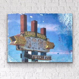 Route 66 - Ranch House Cafe Malarstwo Enkaustyczne | Fotografia Amerykańska | Znak Vintage | Znak Neon | Wystrój Domu