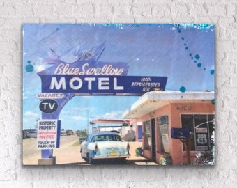 Route 66 Photography | Neon sign | Blue Swallow Motel Art Print | Mid Century Modern Art | Vintage car Wall Art