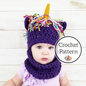 May include: Purple crochet unicorn hat and matching scarf with a yellow horn and multi-colored yarn mane. Crochet Pattern.