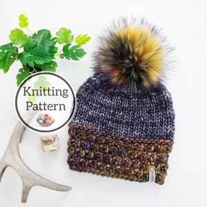May include: Knitting pattern for a grey and brown beanie with a yellow and black faux fur pom pom. The pattern is called "Knitting Pattern".